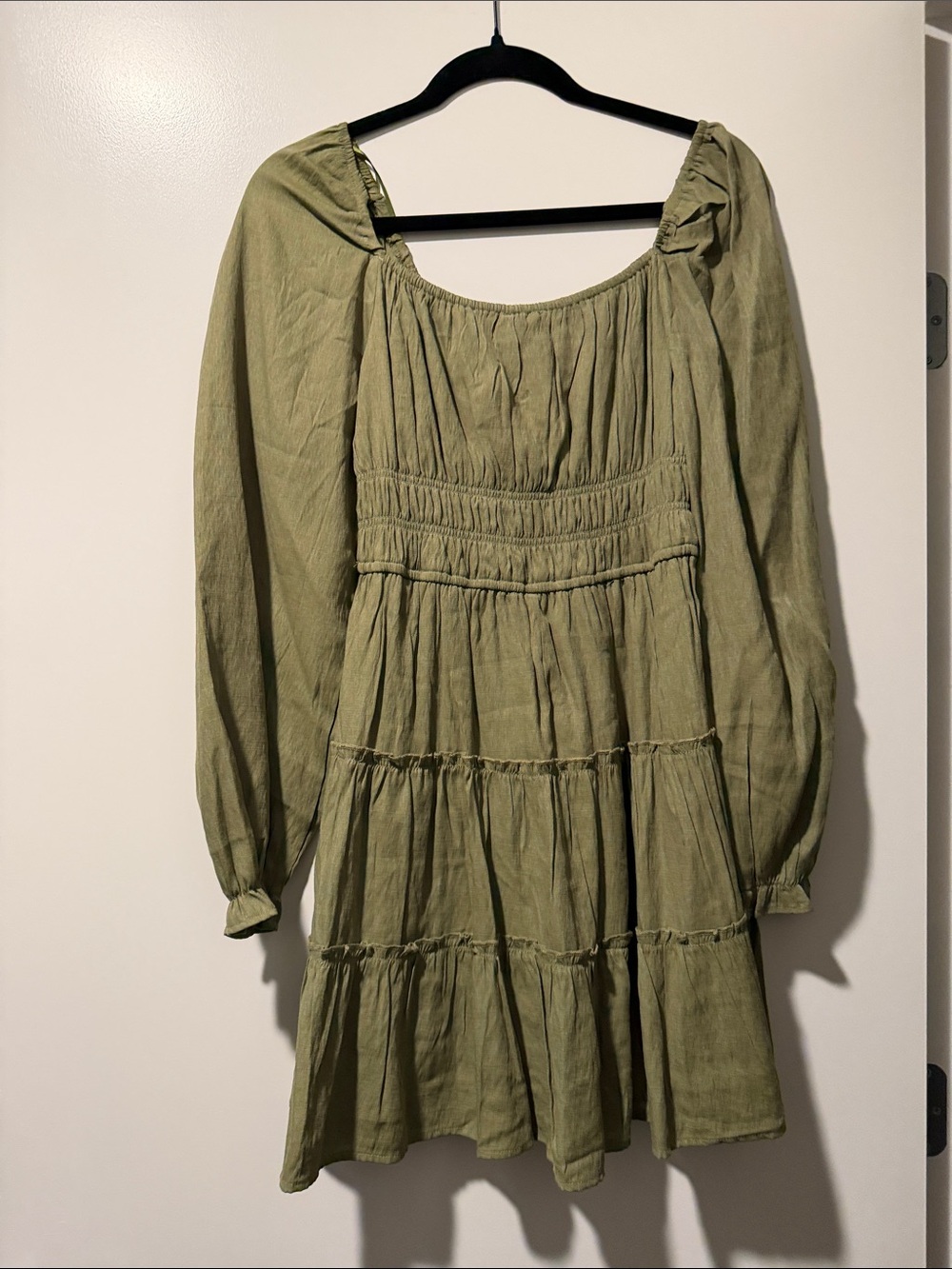 So Me Olive Green Long Sleeve Tiered Peasant Dress